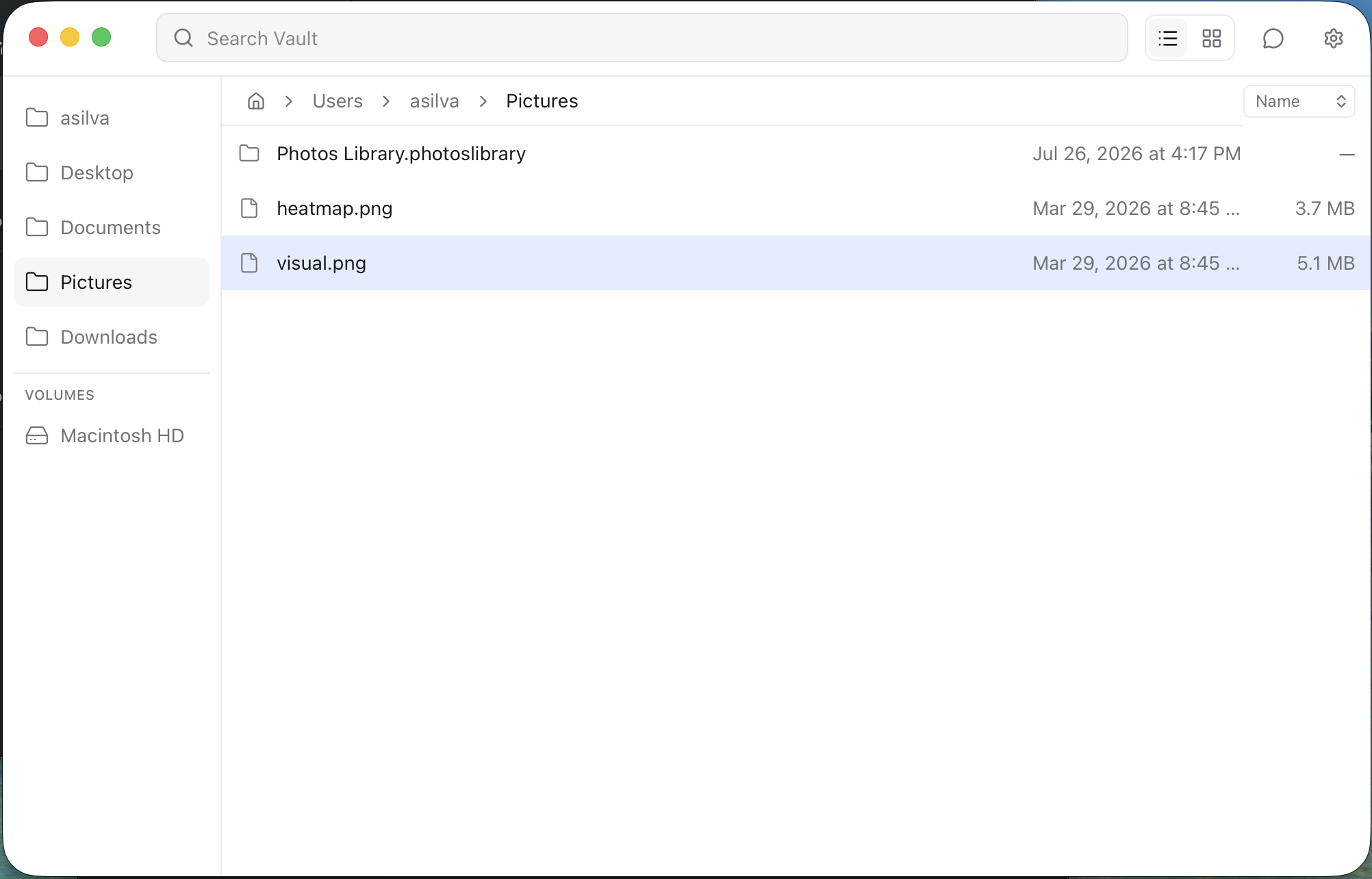 Vault file manager showing search-first navigation with a pinned rail and a virtualized file list