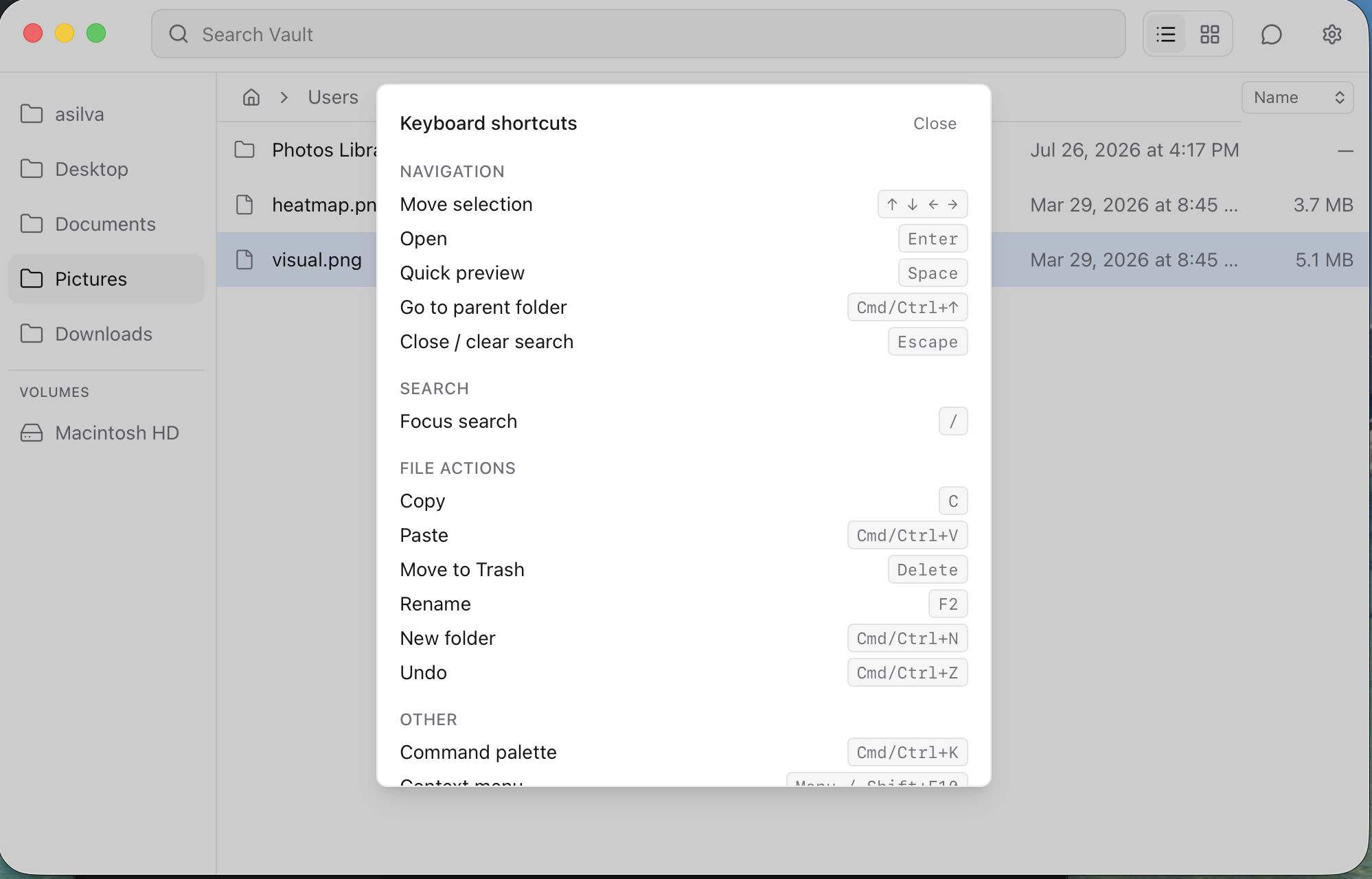 Vault keyboard shortcut map showing search, navigation, preview, and command palette bindings